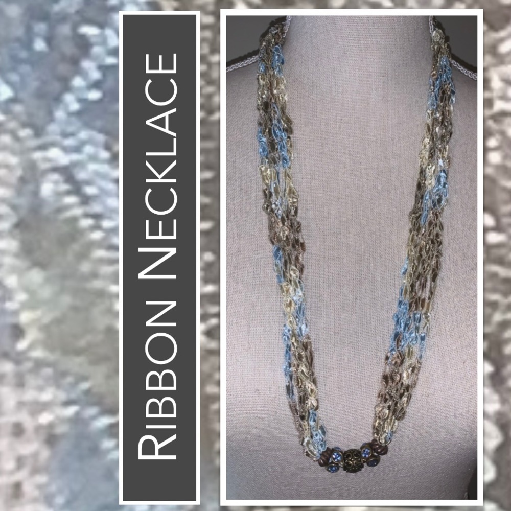 Necklace Strand of Blue, Sage, Bronze Ribbons, Bronze Beads & Blue Stones Accent - Picture 10 of 11